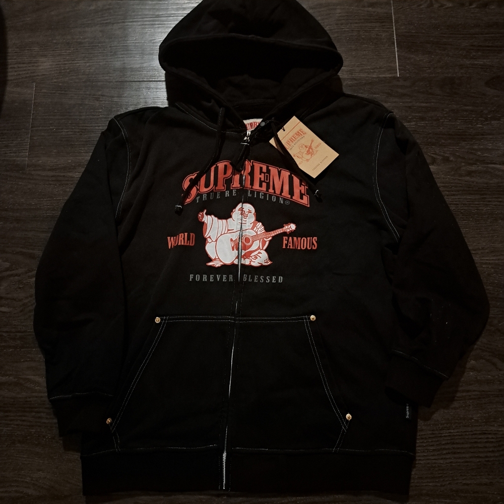 SOLD*NWT Supreme True Religion Hoodie Red Black Embroidery Designer zip up Large